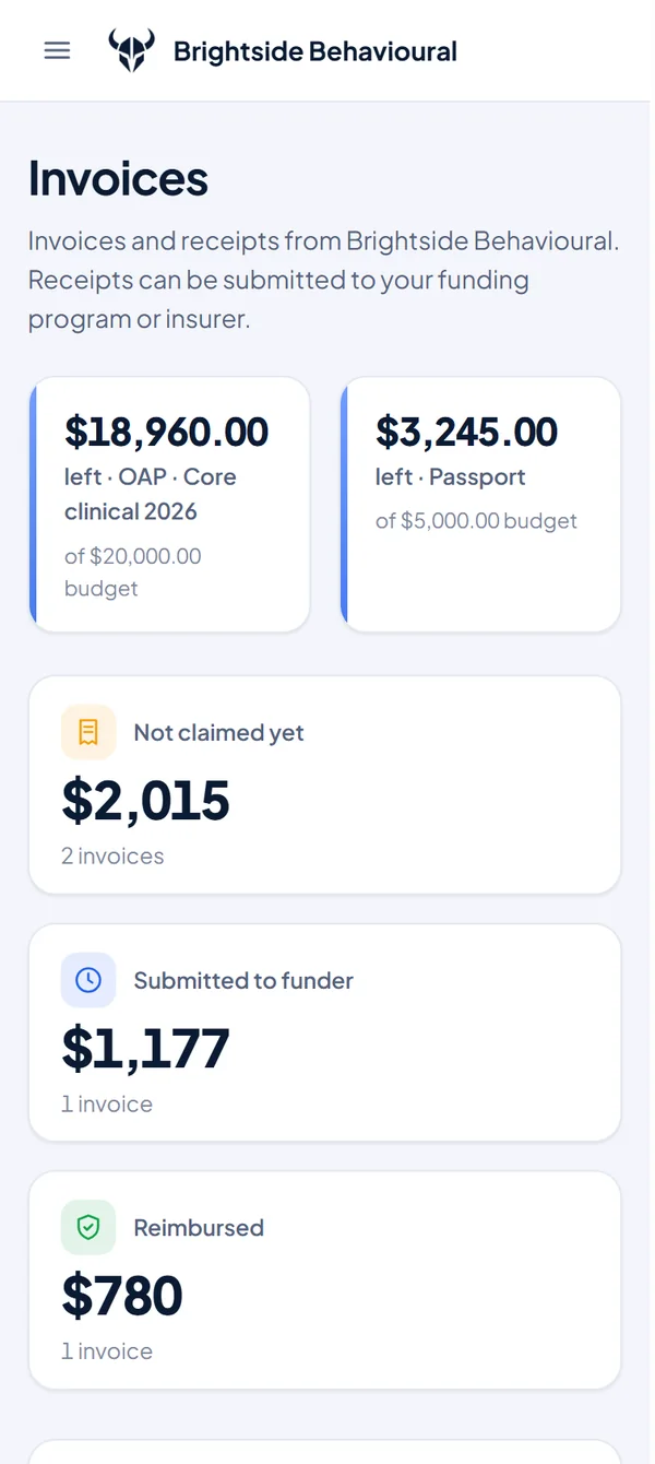 Family's phone view of invoices and funding claims